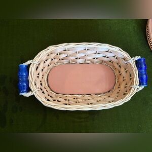Woven Basket with Pink Liner and Blue Handles